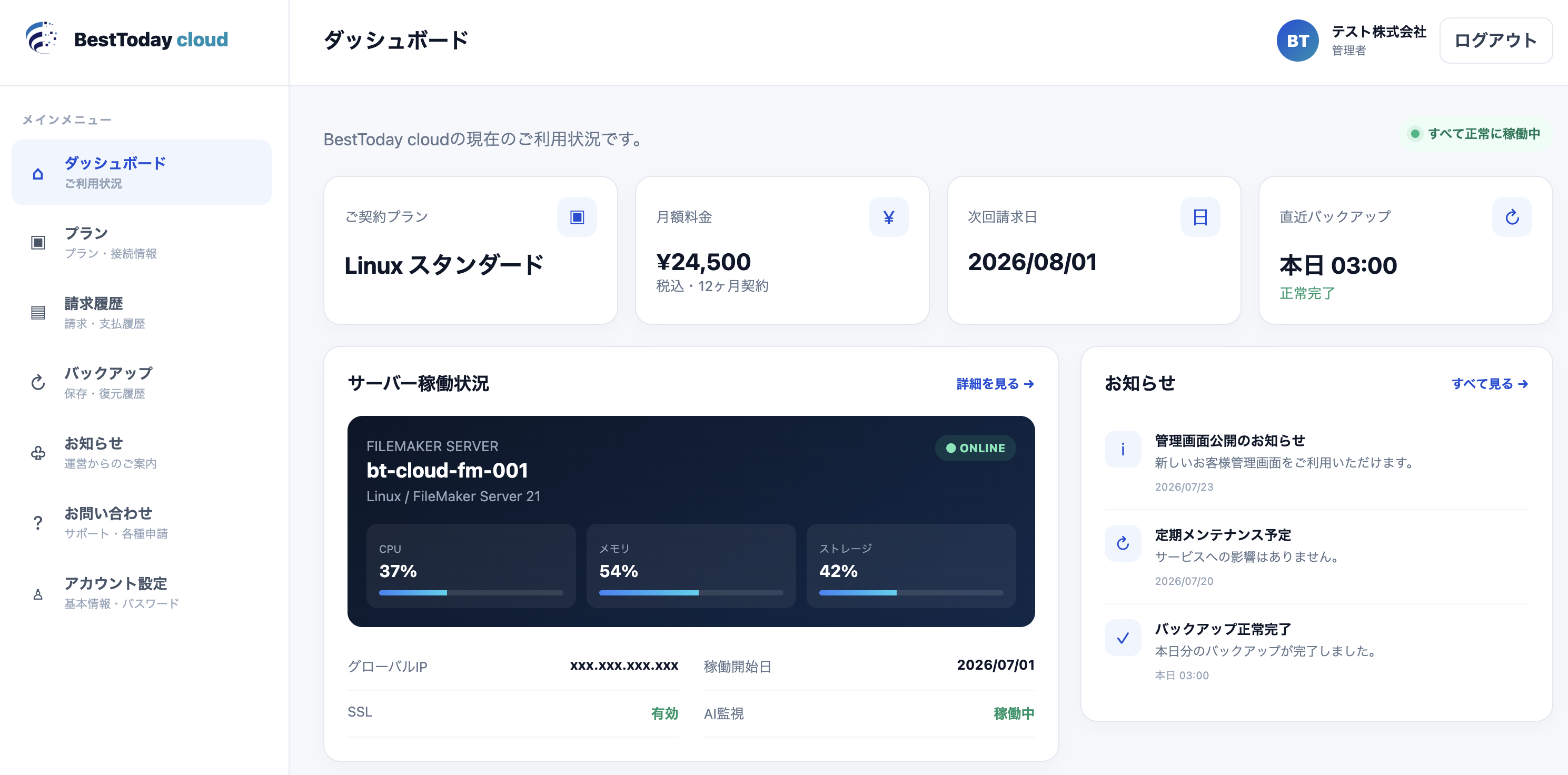 BestToday cloud マイページのダッシュボード画面